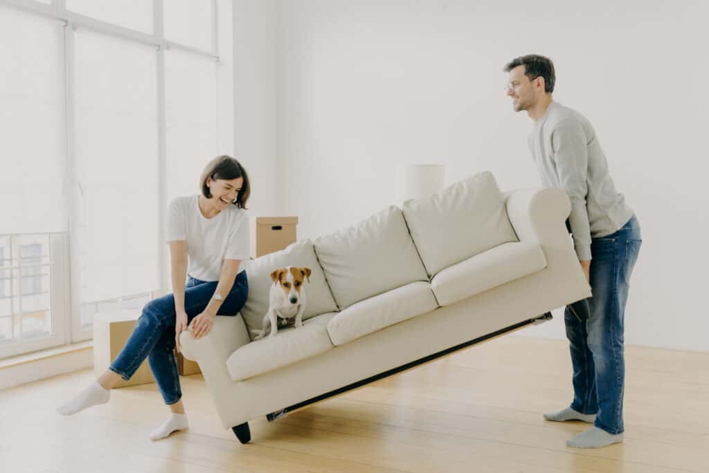 Happy couple carry modern white sofa with dog together, place furniture in living room, care about improvement of interior design, start living in new home, pose in modern apartment, have fun