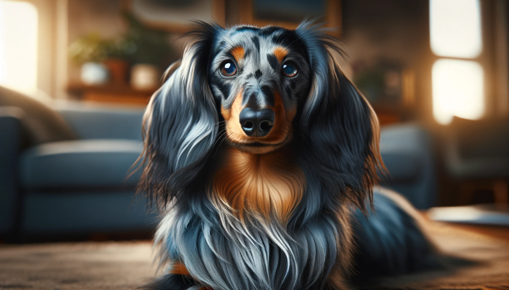 blue longhaired dachsund