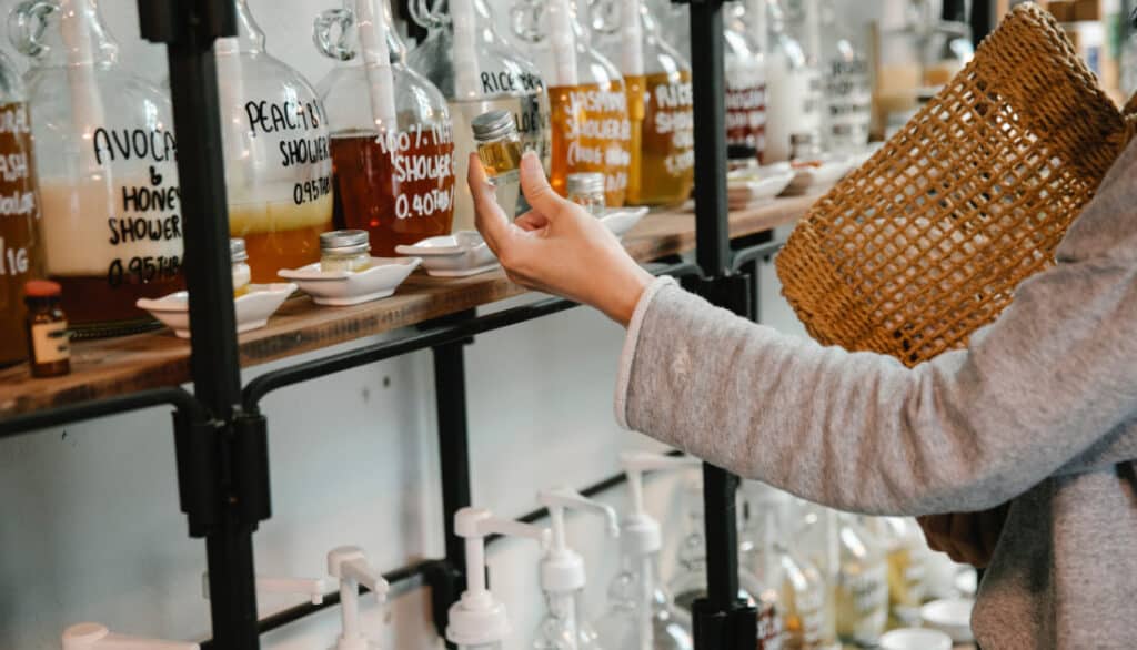 shelves of all-natural shampoos and shower gels