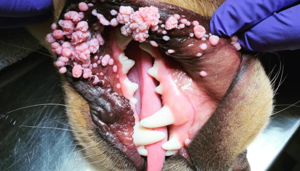 close up of puppy warts in a dogs mouth