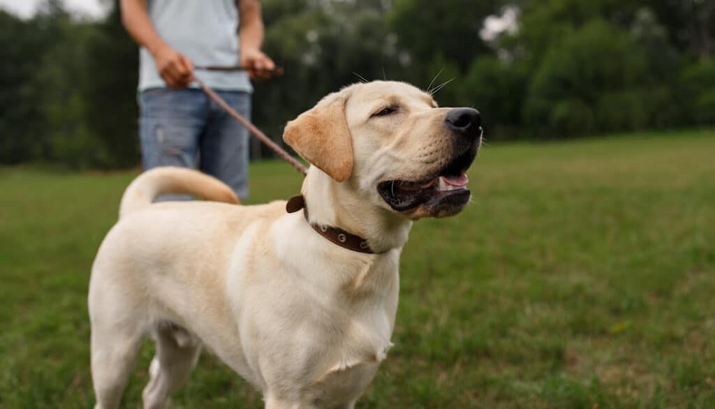 yellow lab on a leash outside