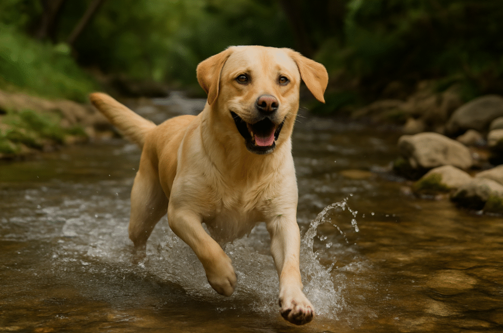 labrador retriever playing in a creek