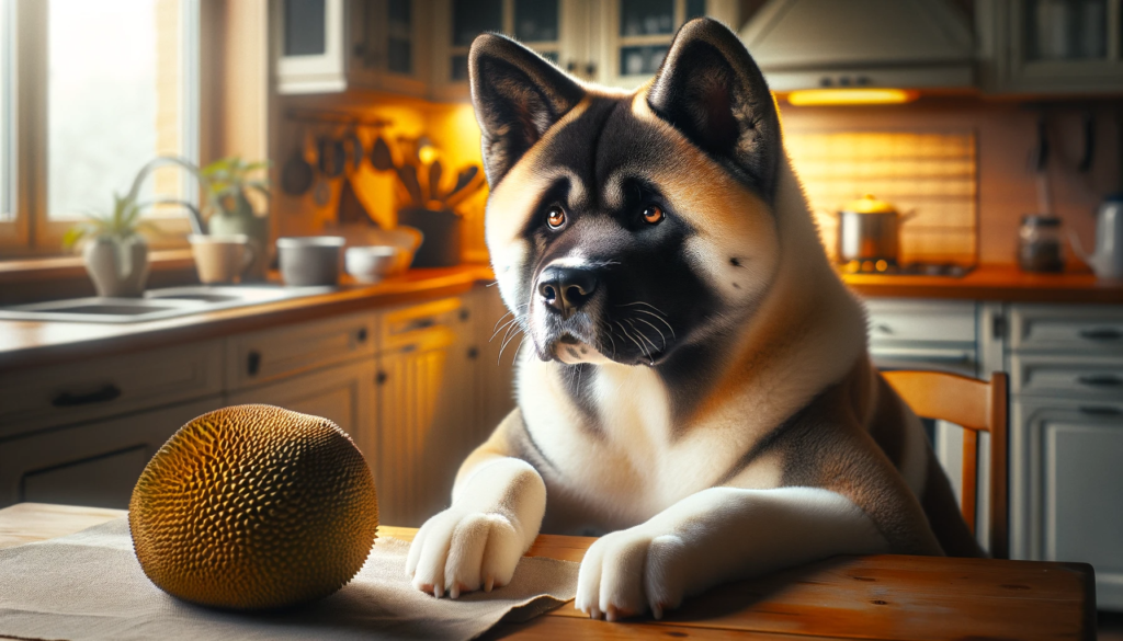 Akita dog at the kitchen table looking at a jackfruit
