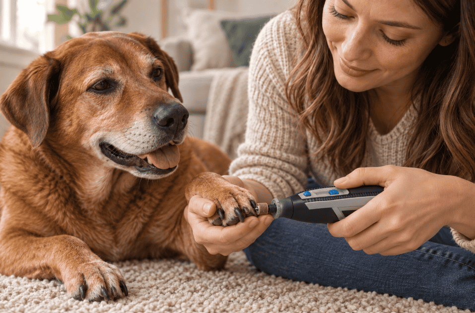 Woman using a dremel nail grinder to trim a relaxed brown dog’s toenails at home.