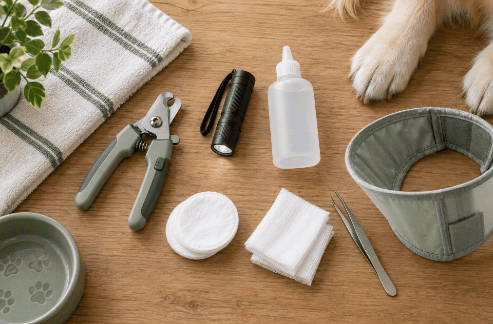 Dog nail-trimming supplies arranged on a table, including clippers, flashlight, gauze, cotton pads, tweezers, and a protective collar.
