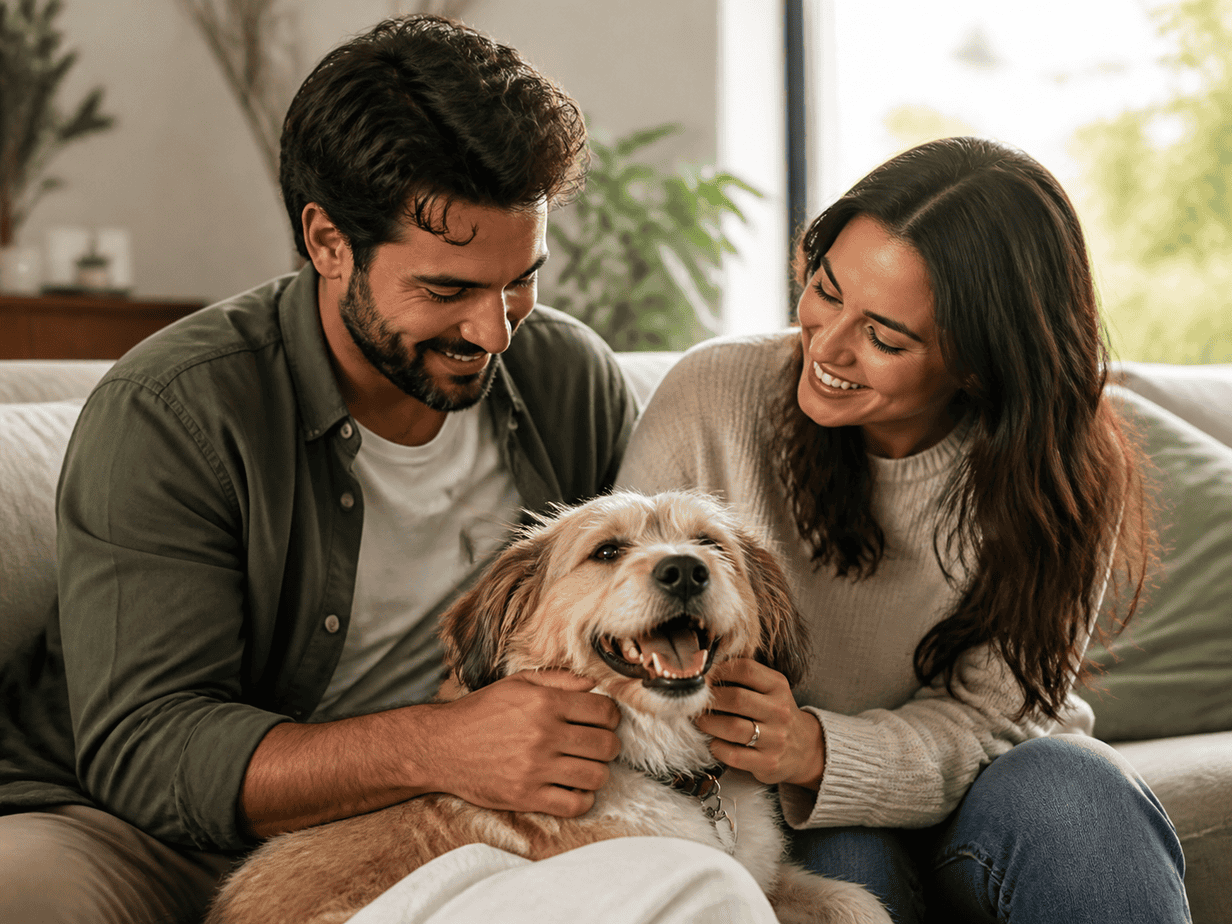 Happy dog relaxing at home with its family nearby