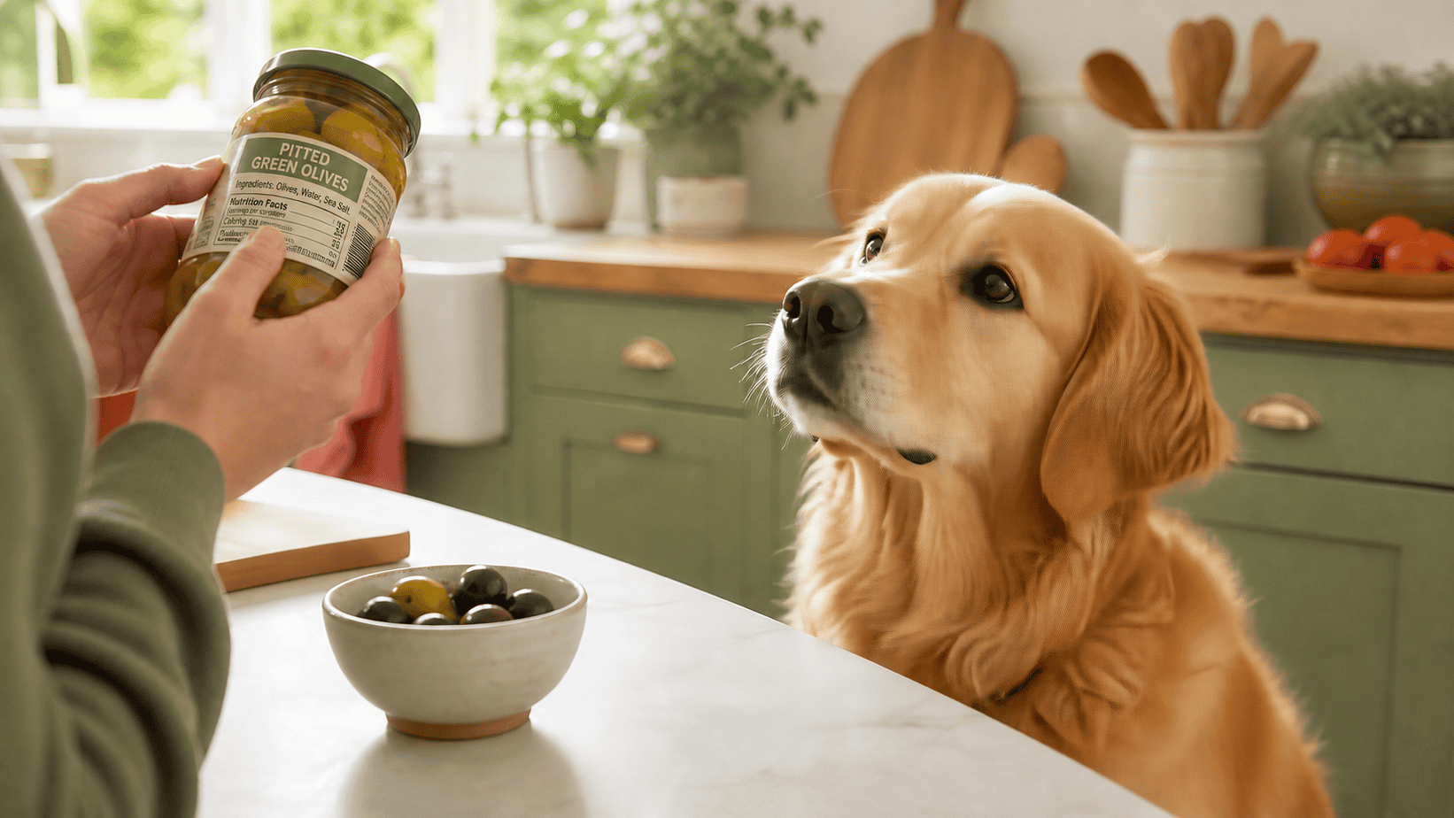 Golden retriever watches as an owner reads the ingredient label on a jar of olives