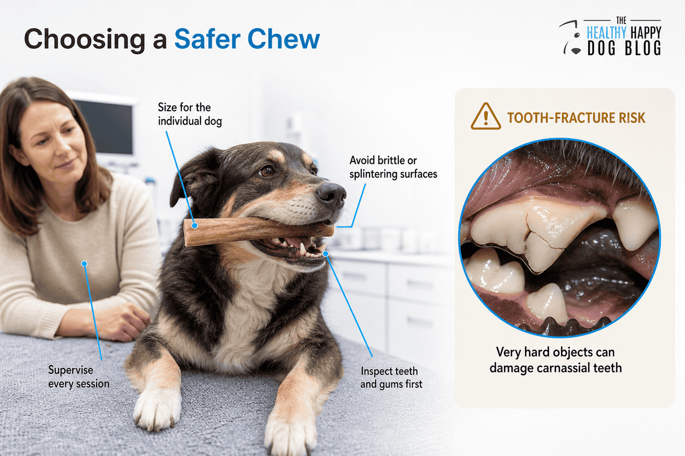 Dog with a supervised chew beside a veterinary close-up of a fractured carnassial tooth
