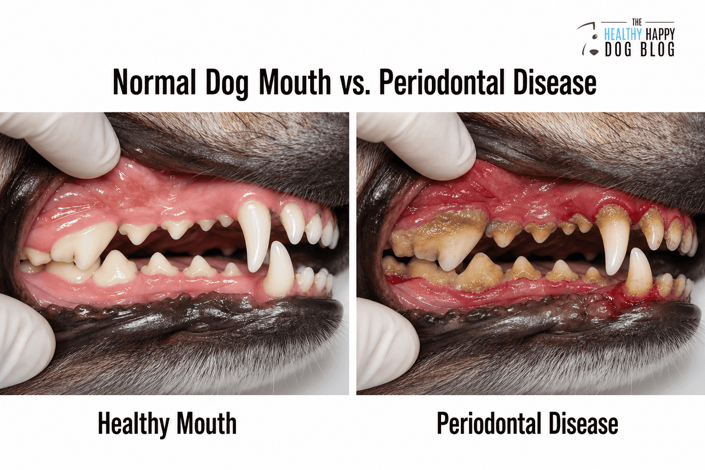 Side-by-side veterinary comparison of a healthy dog mouth and a dog mouth with periodontal disease
