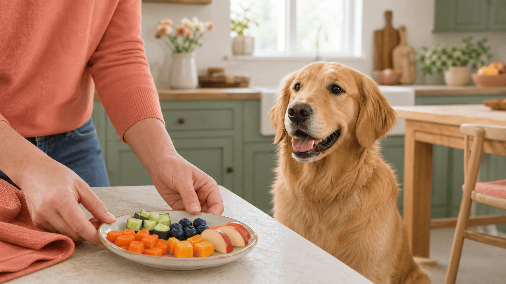 Golden retriever beside cucumber, carrots, blueberries, pumpkin, and apple treat pieces