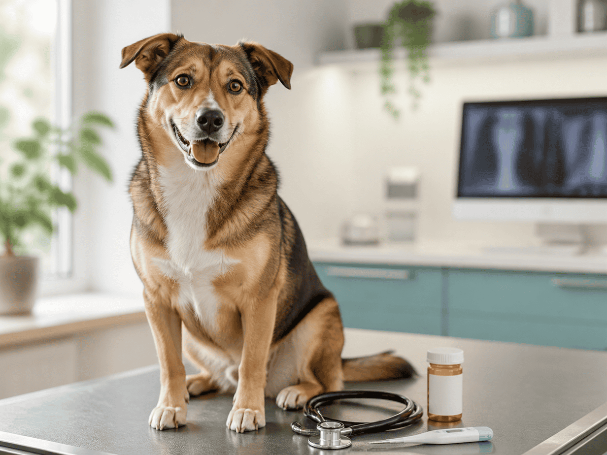 Dog in a veterinary exam room with medication and diagnostic tools