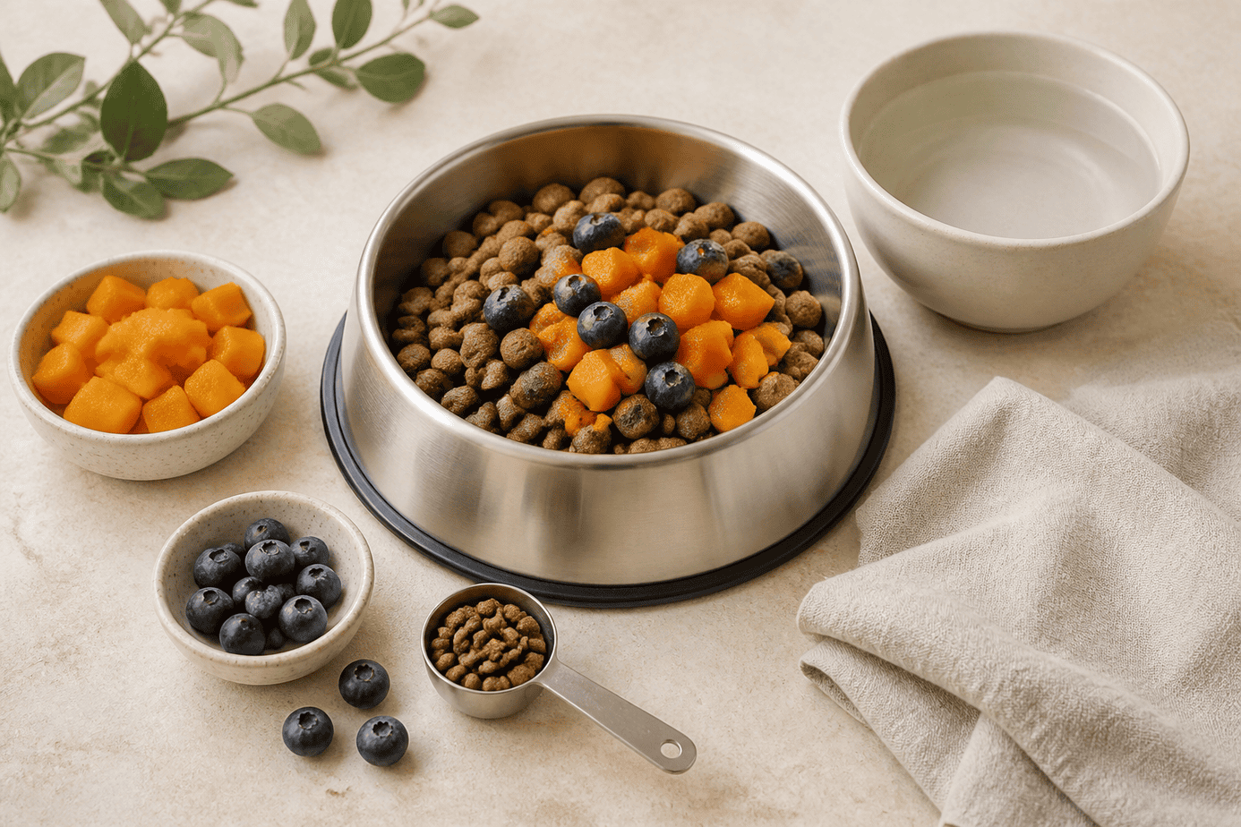 Balanced dog nutrition with kibble, pumpkin, blueberries, water, and a measuring scoop
