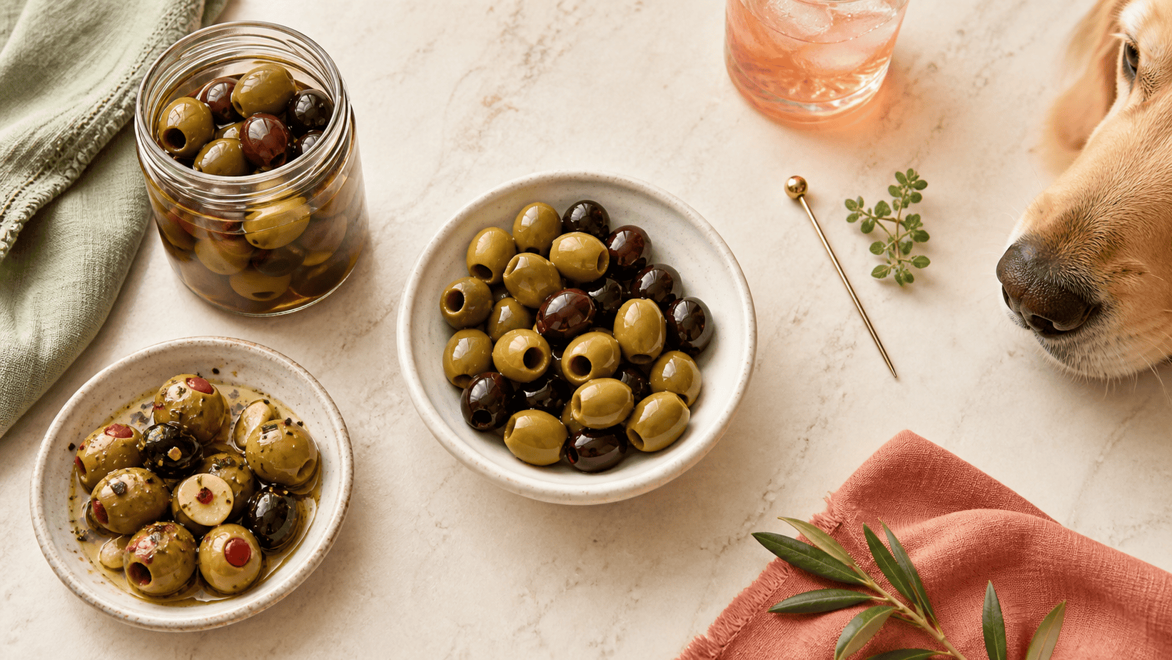 Plain pitted olives beside brined and seasoned olives with a golden retriever nearby