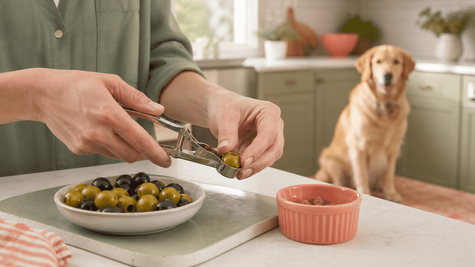 Dog owner removes pits from olives while a golden retriever waits in the background