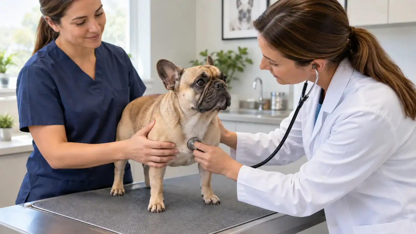 Veterinarian listening to a French Bulldog’s chest during an airway-focused exam