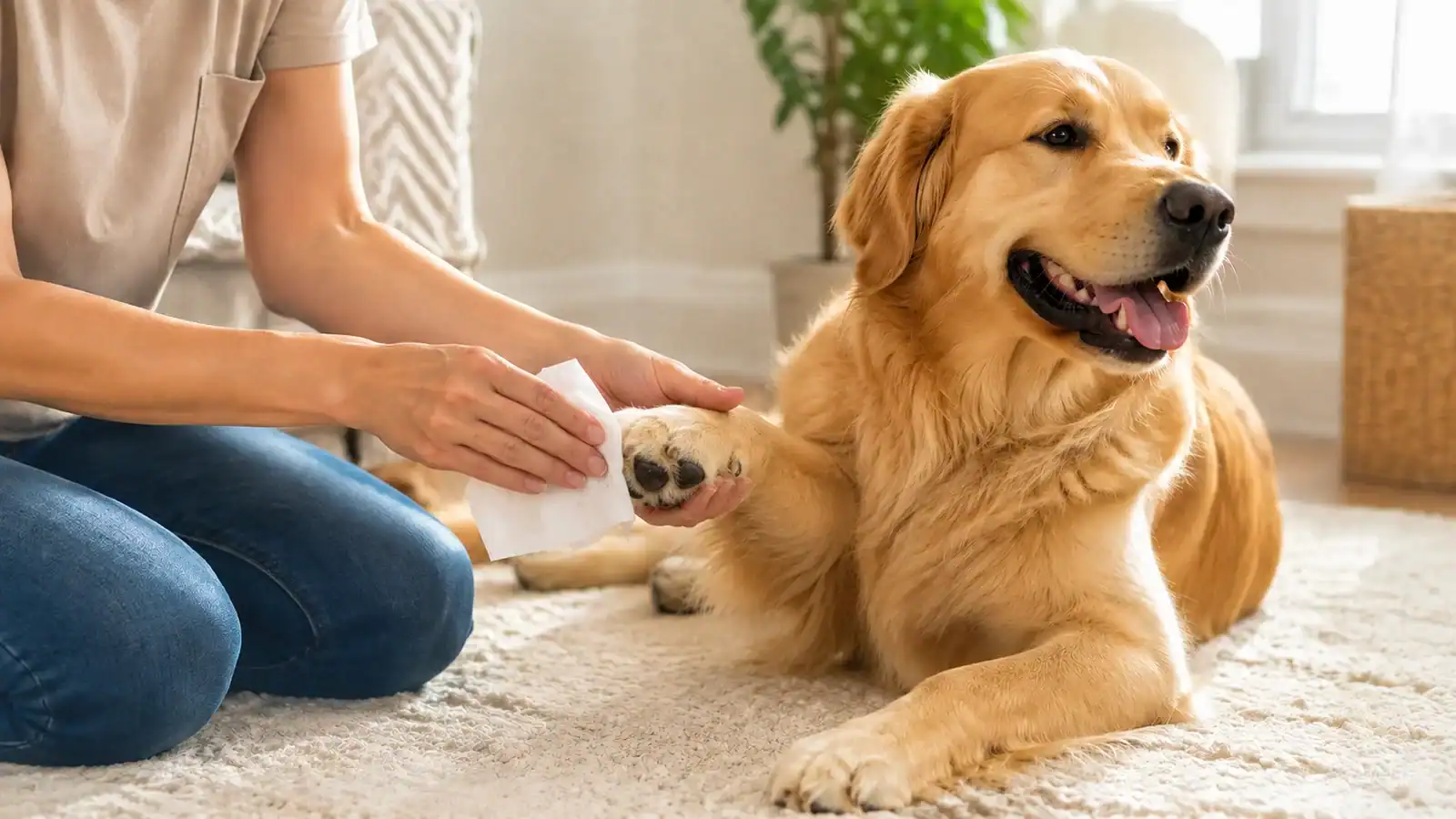 Owner gently cleaning a golden retriever's paw with a veterinary wipe