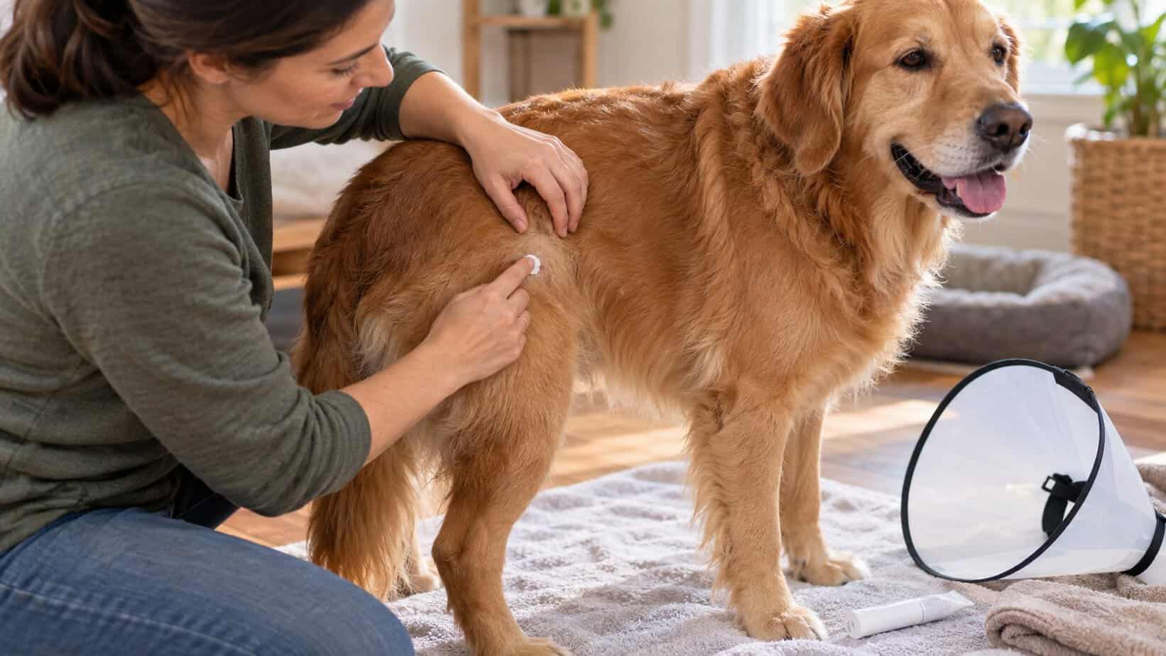 Dog owner applying a thin layer of antifungal cream to a small external skin spot
