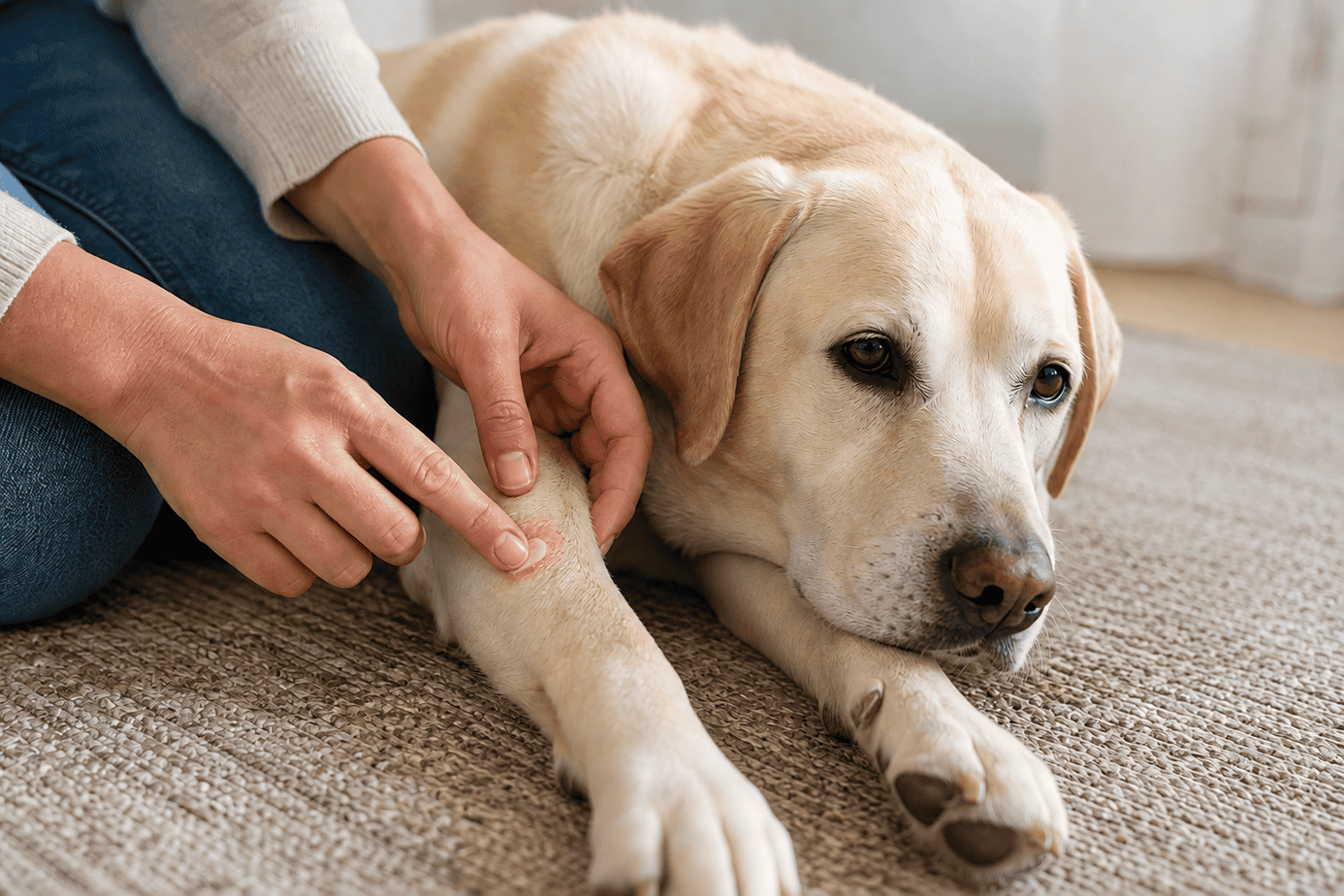 Owner applying a thin layer of hydrocortisone cream to a dog's intact leg