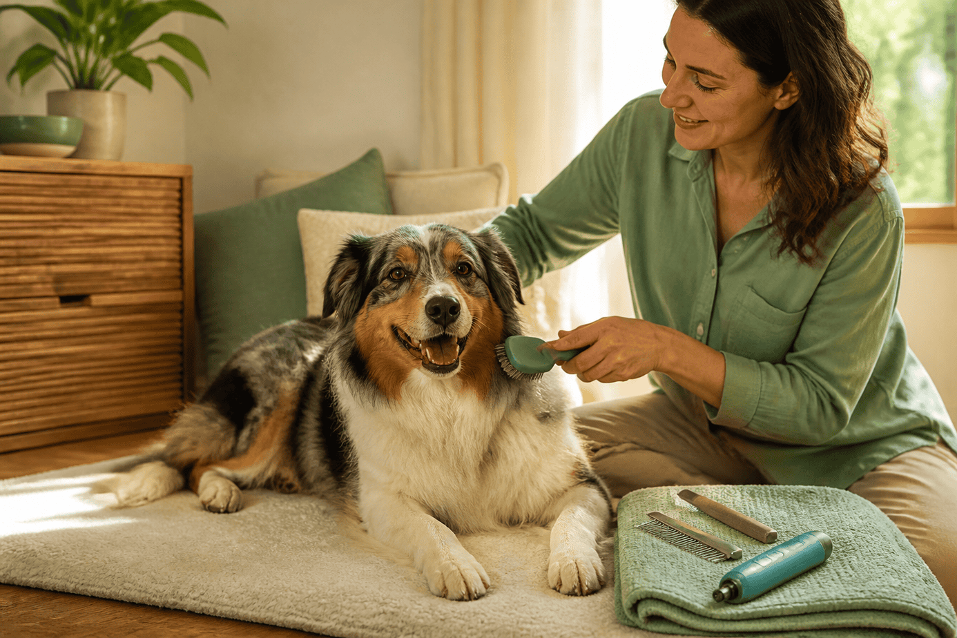 Relaxed dog being gently brushed at home with grooming tools nearby