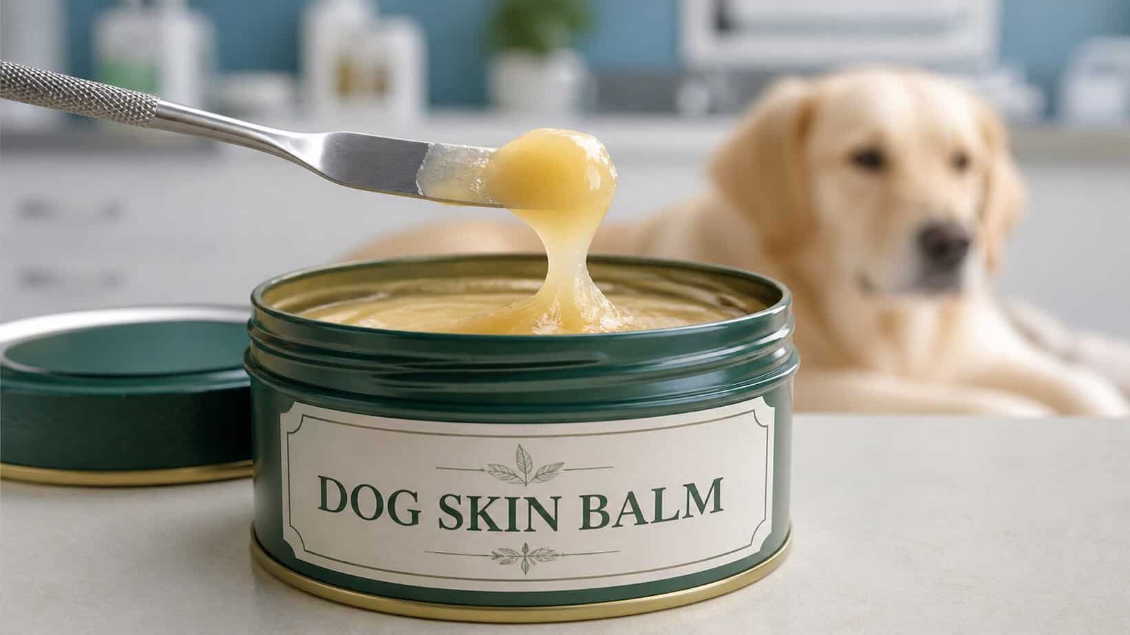 Close-up of thick dog skin balm in an open green tin