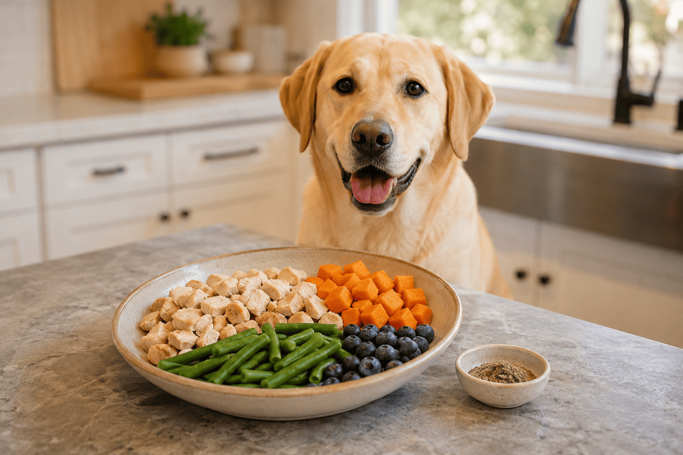 Labrador with a balanced egg-free fresh food meal