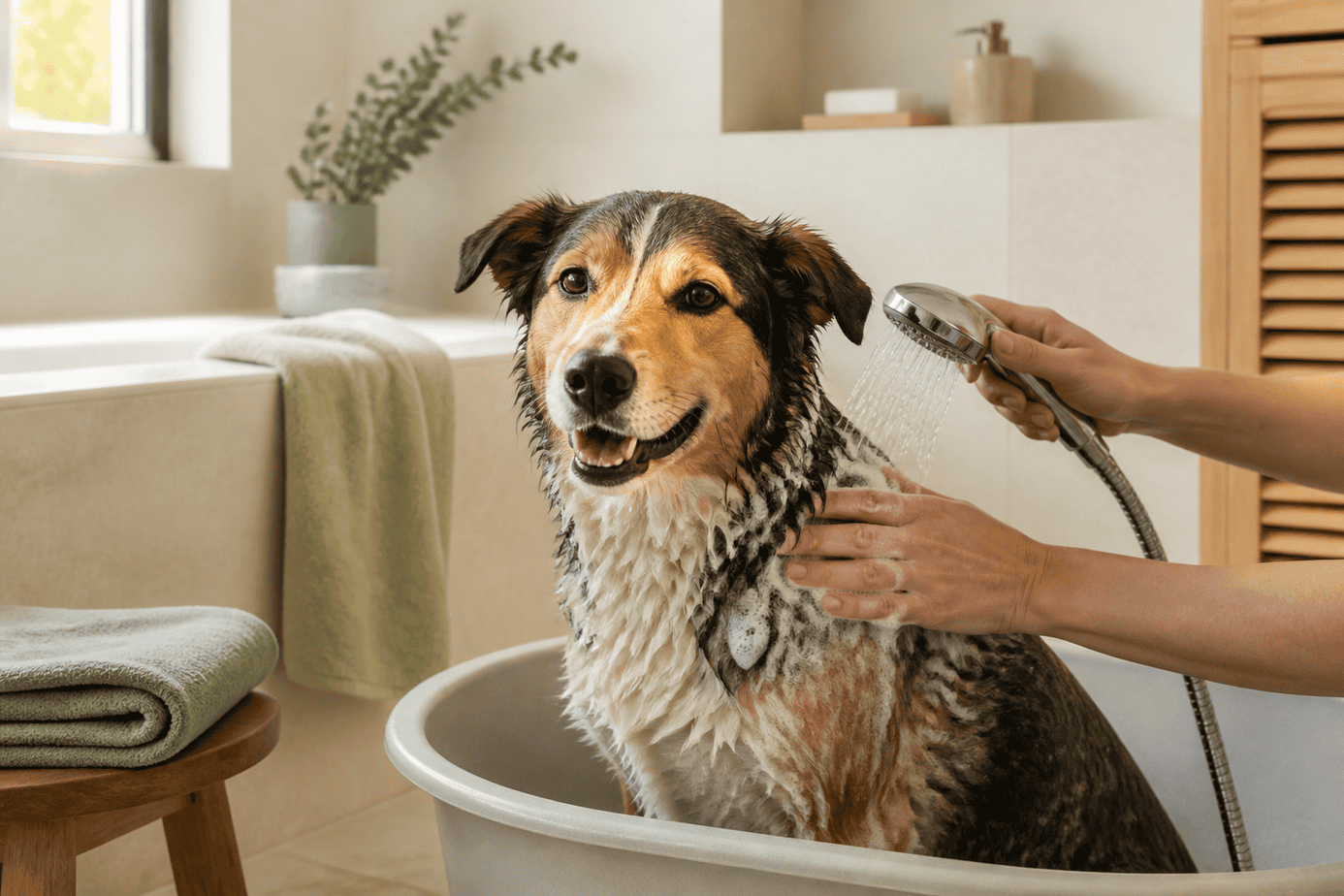 Relaxed dog being gently rinsed during a bath at home