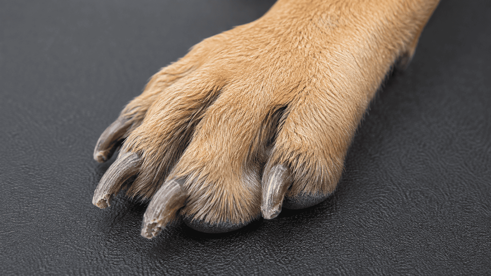 Close-up of a dog paw with dry, ridged, brittle toenails