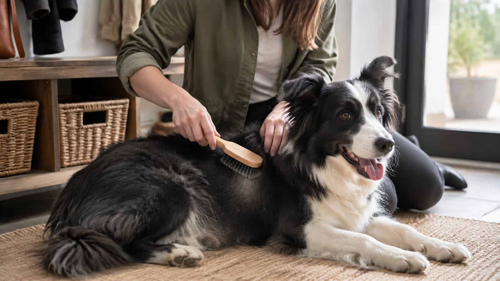 Owner brushing loose dirt from a Border Collie's coat between baths