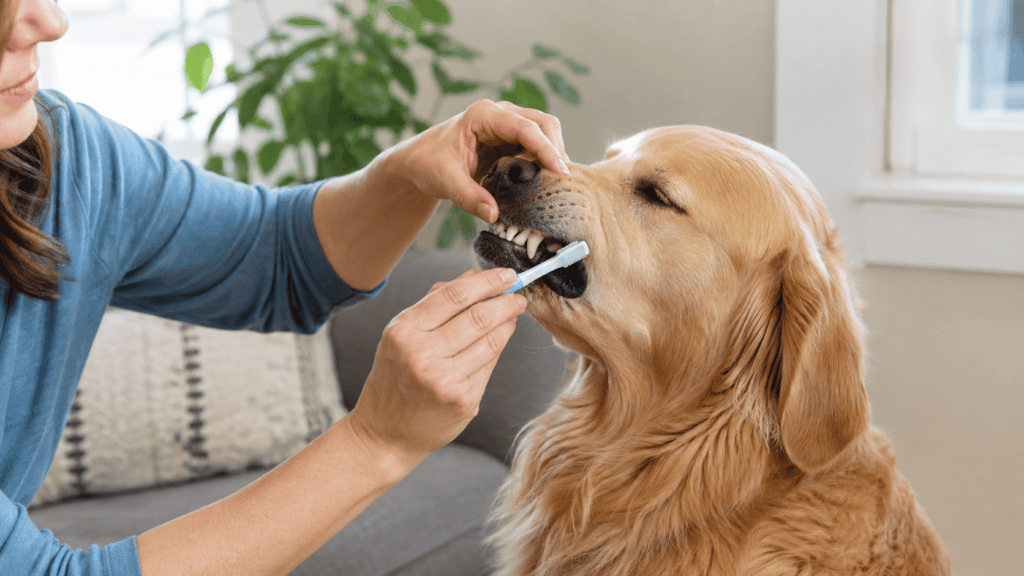 Owner gently brushes a relaxed dog’s teeth with a soft toothbrush