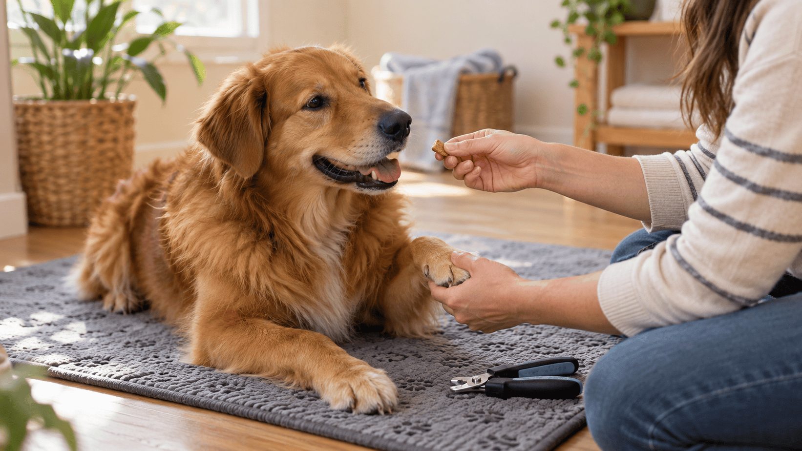 Relaxed dog receiving a treat during calm paw handling for nail care.
