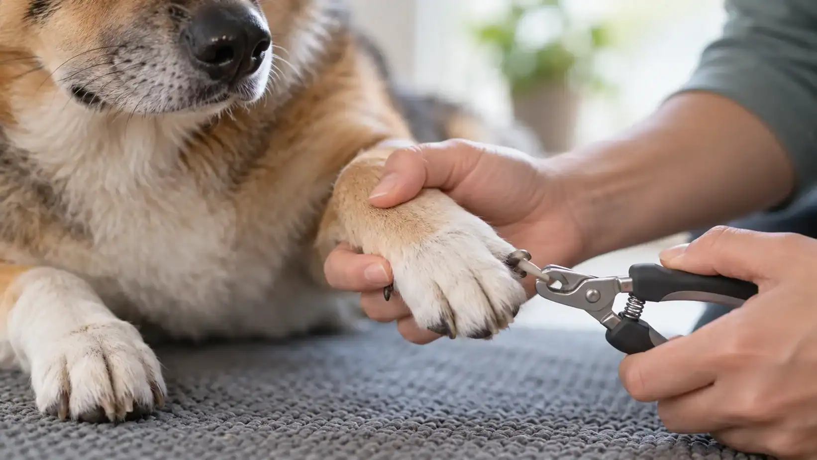 Person gently supports a calm dog’s paw while positioning nail clippers near a nail tip.