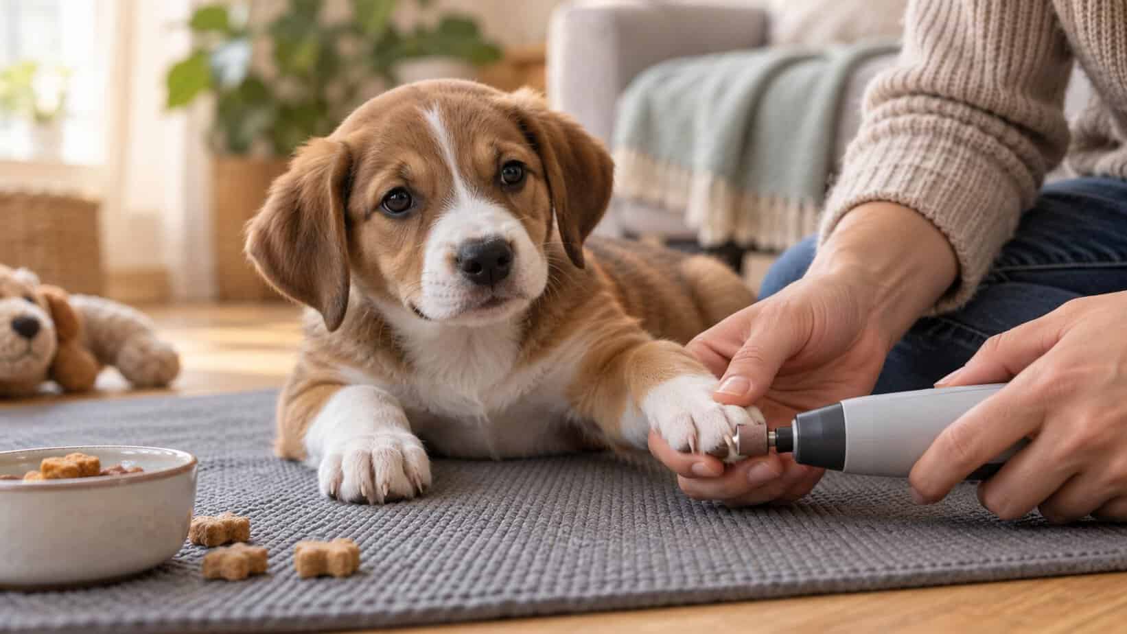 Calm puppy having a nail grinder briefly applied to one nail