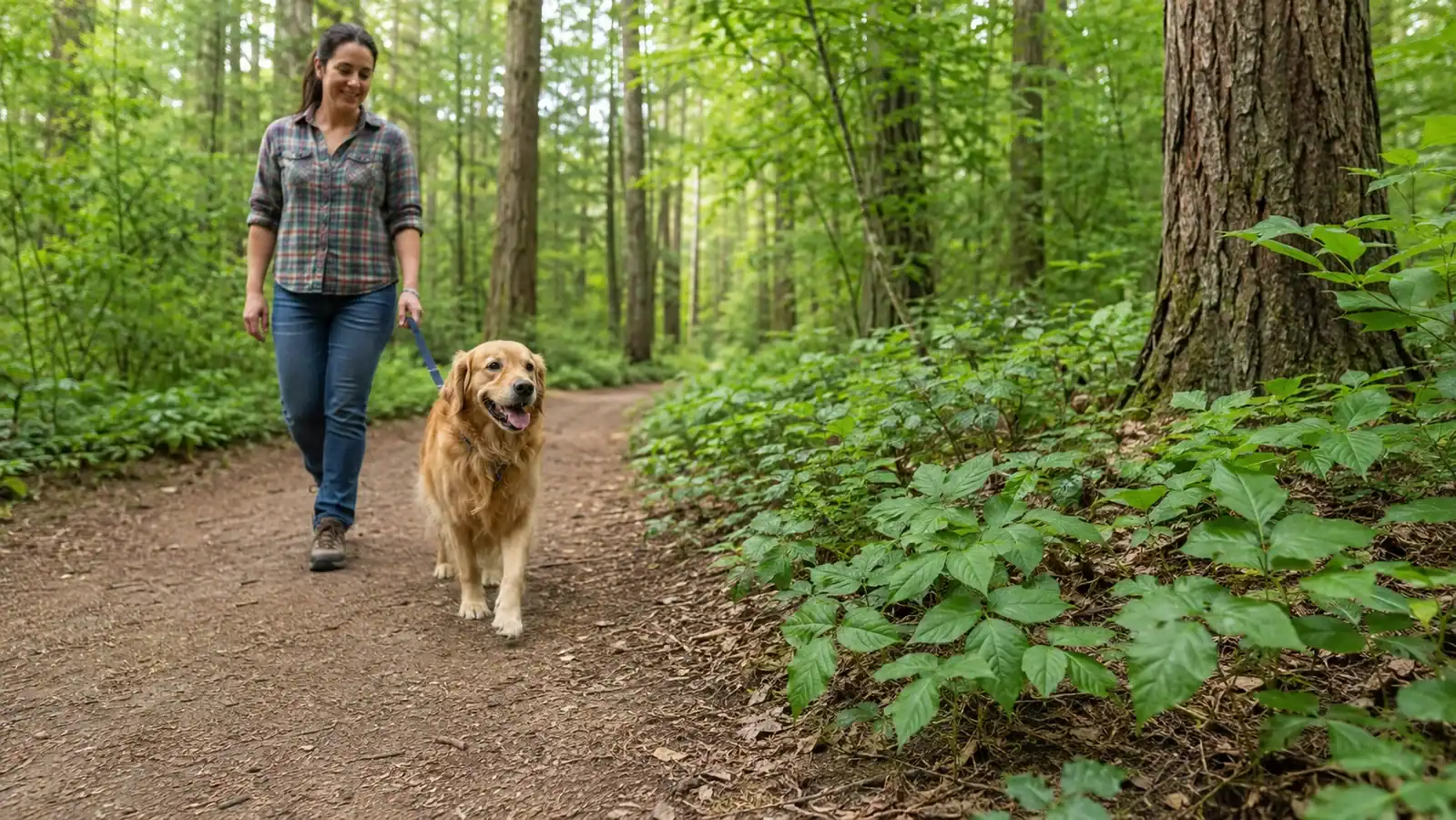 Golden retriever walking safely past poison ivy on a forest trail