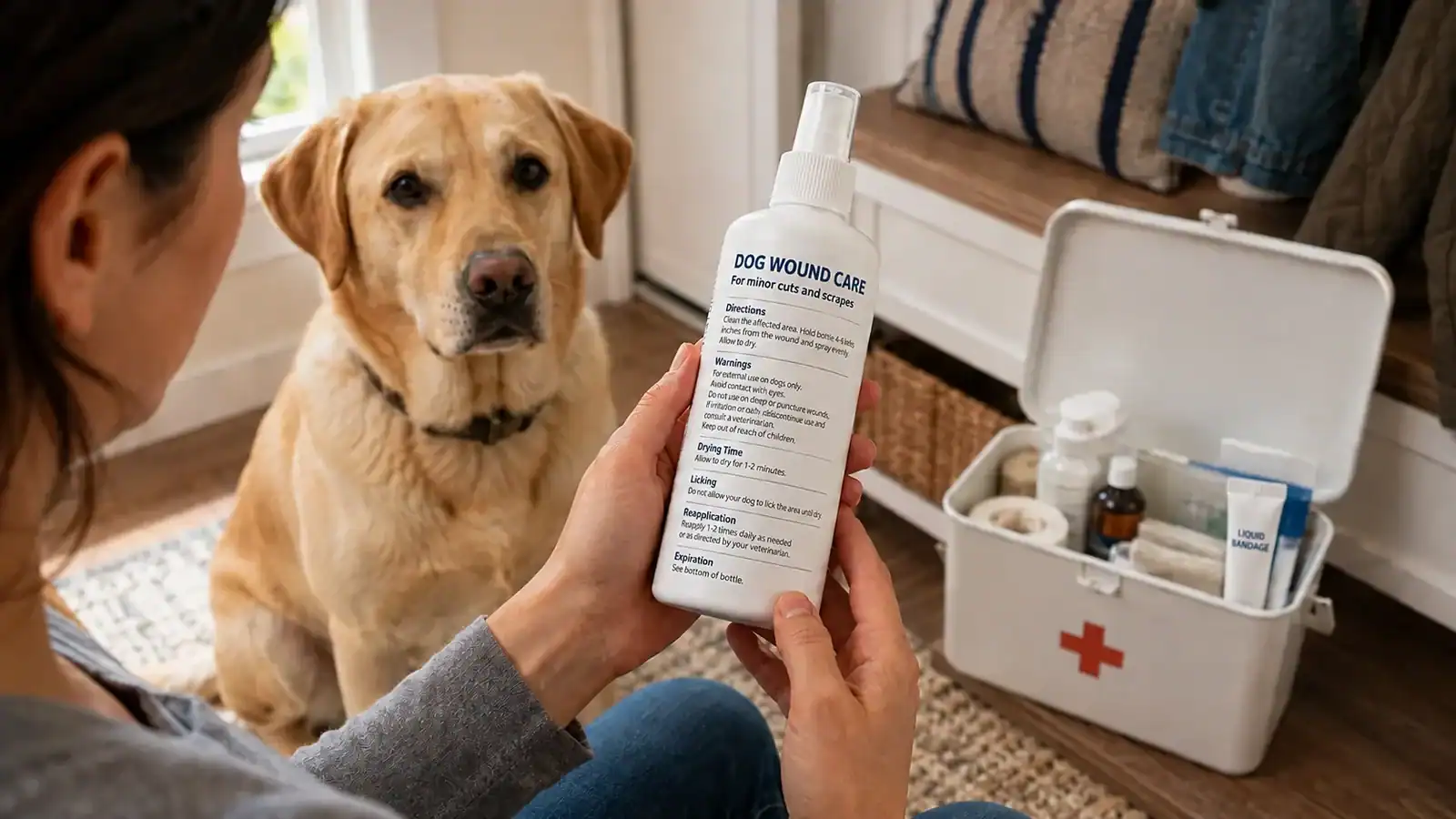 Dog owner comparing a wound-care label beside a first-aid kit containing an unopened liquid bandage tube