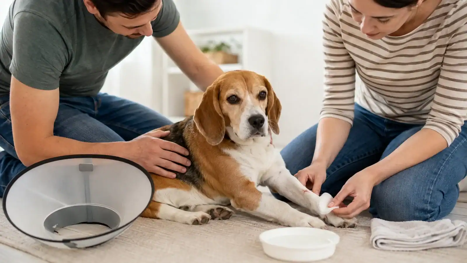 Beagle resting while two owners gently clean a minor front-leg wound with gauze and an Elizabethan collar nearby