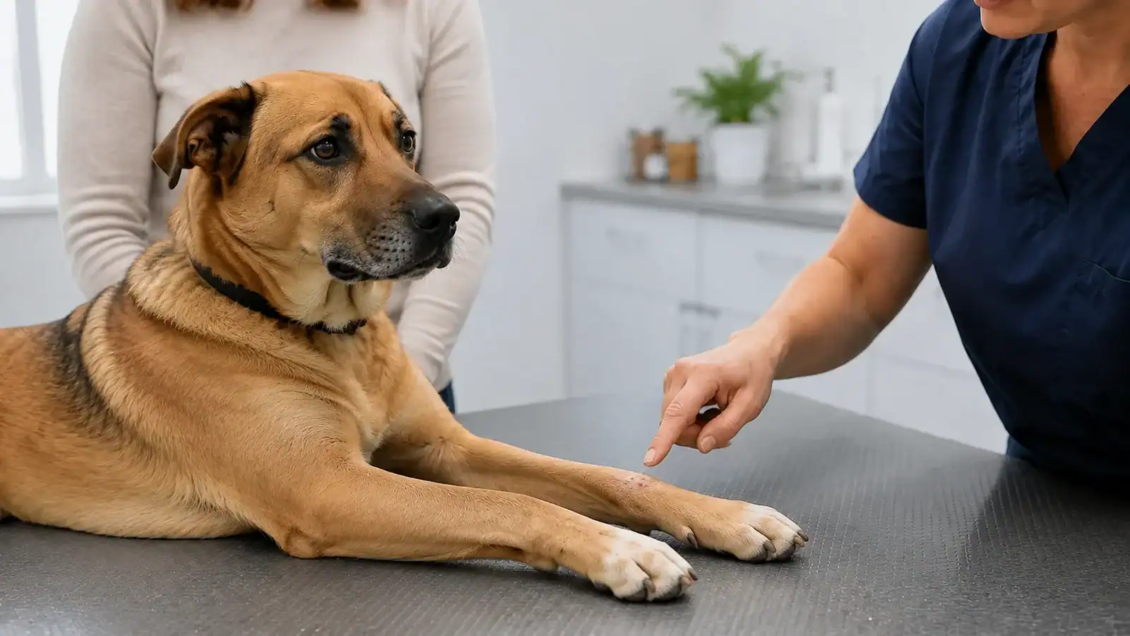 Veterinarian pointing to a small superficial abrasion on a brown shepherd mix dog's front leg