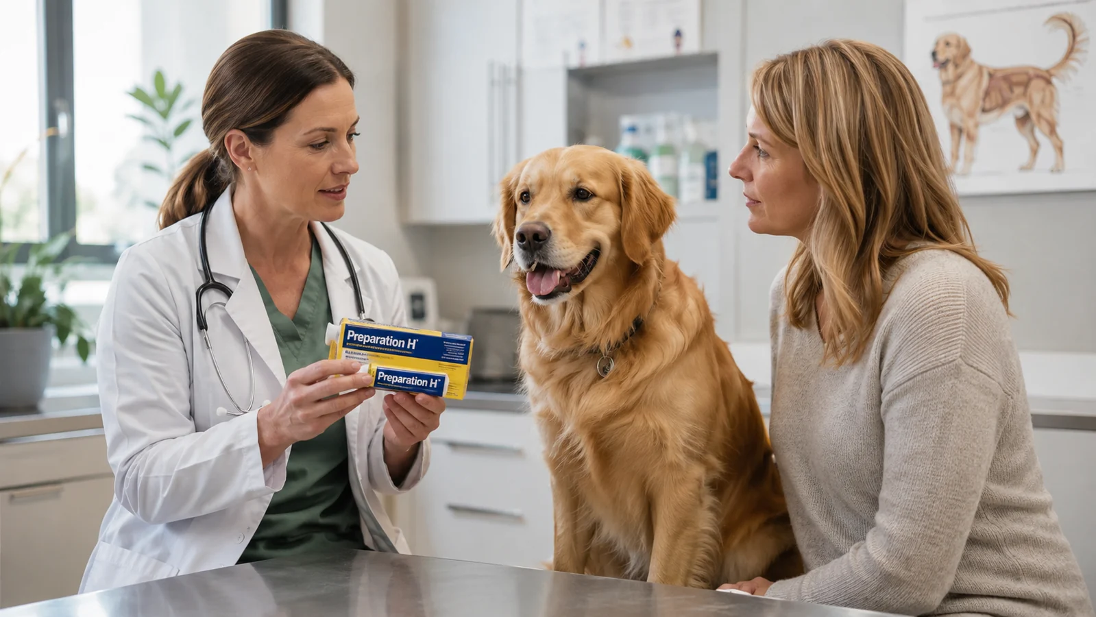 Veterinarian discussing a Preparation H product with a dog owner beside a calm golden retriever