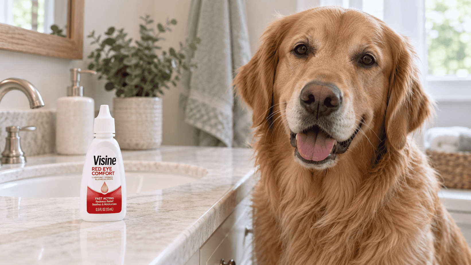 Golden retriever beside a bottle of Visine Red Eye Comfort on a bathroom counter