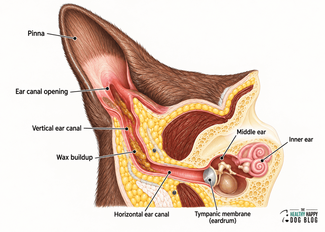 Labeled clinical illustration of a dog's ear canal showing where wax builds up