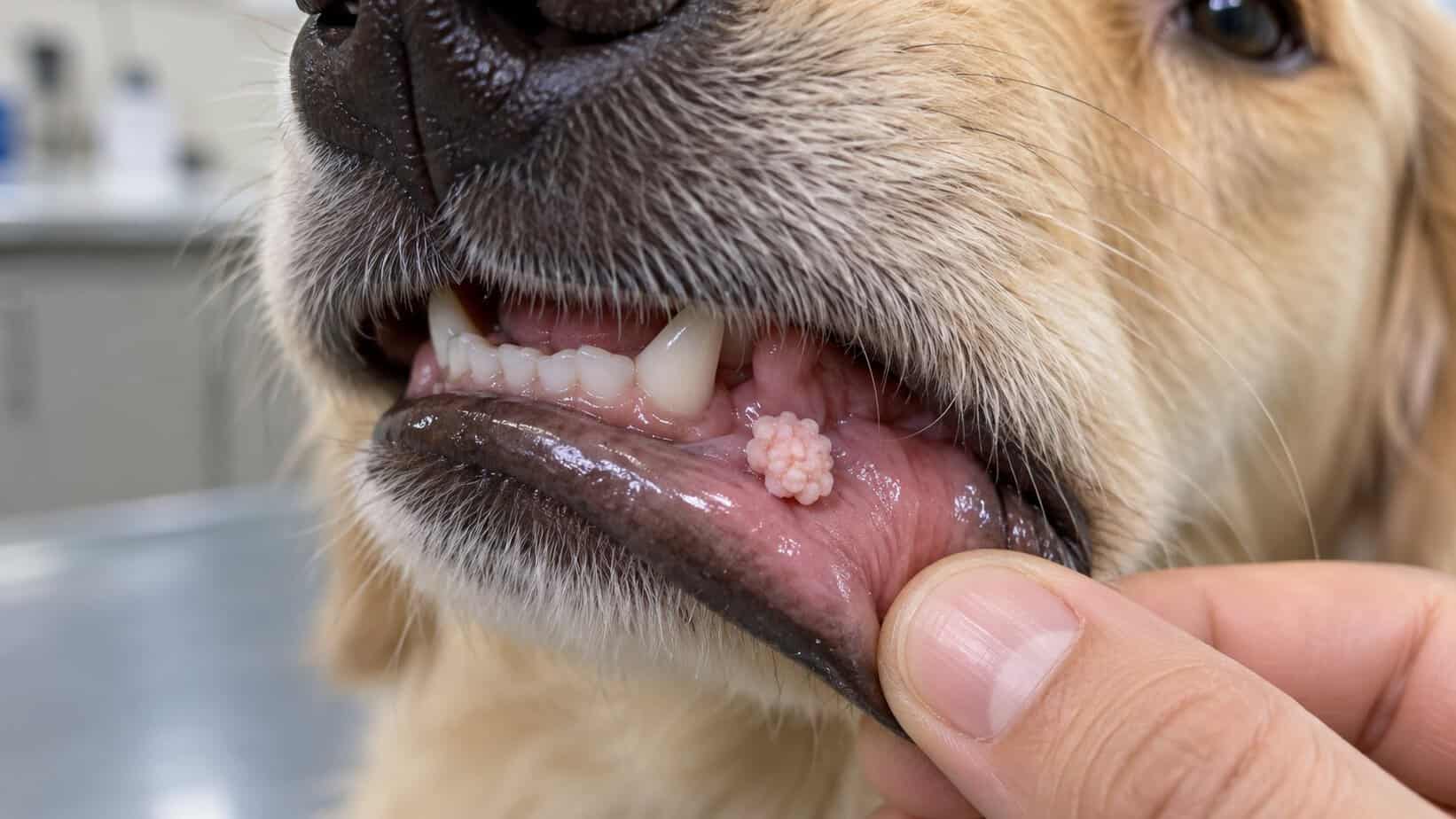 Close-up of a canine oral papilloma attached to the inner lower lip