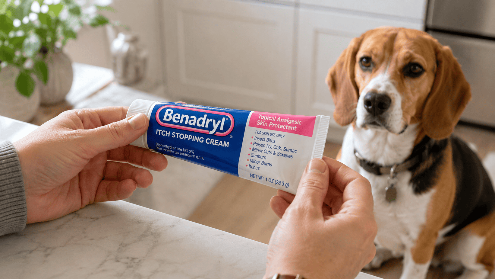 Person carefully reading a Benadryl itch cream label while a calm dog waits nearby