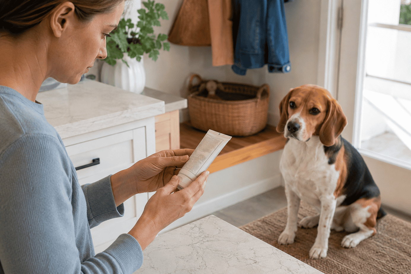 Dog owner checking a Cortizone-10 formula before using it on a dog