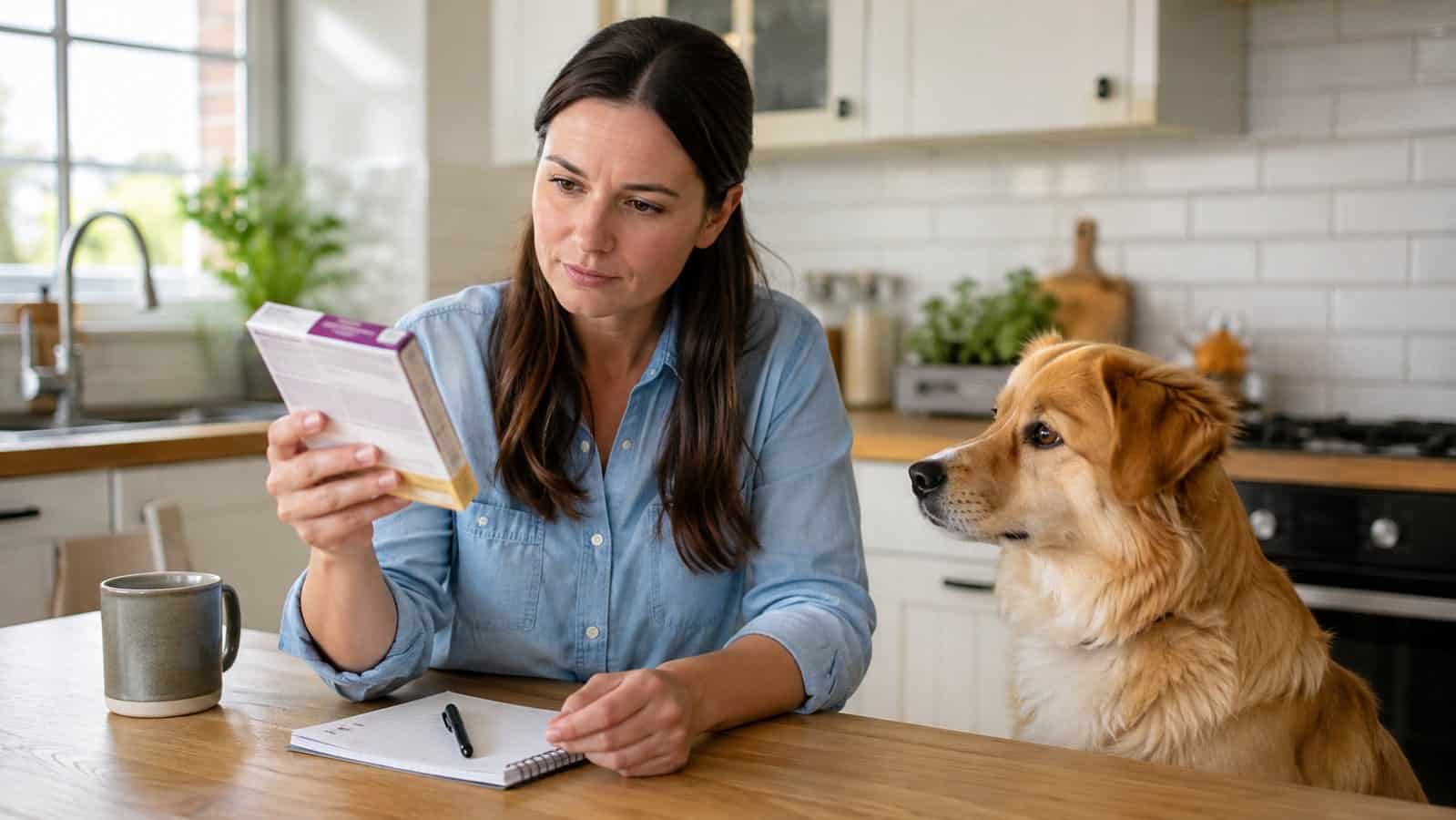 Dog owner checking a veterinary dewormer package label before giving medication
