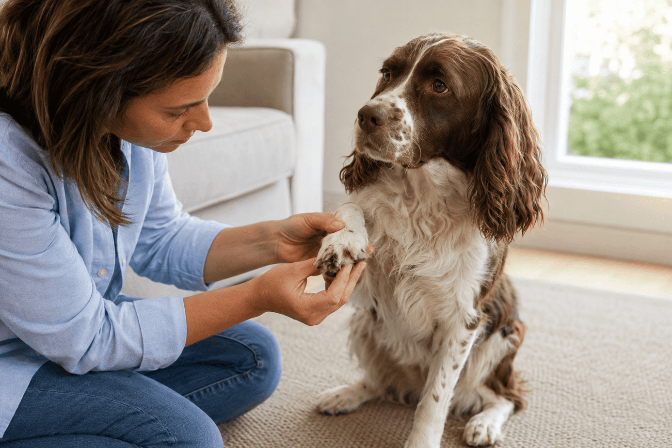 Owner checking a dog's paw for causes of recurring itching