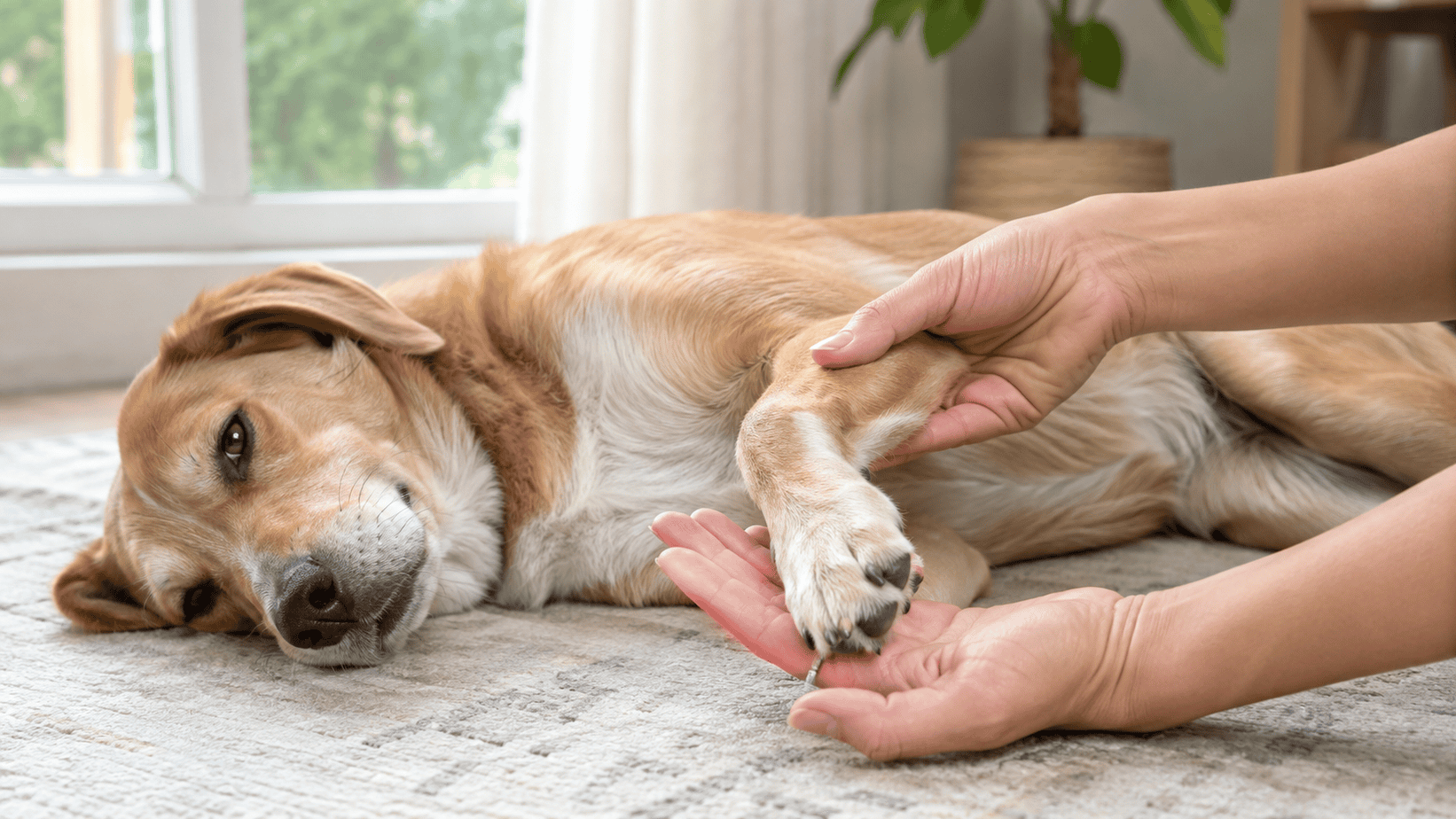 Owner gently inspecting a dog's nails, pads, and paw webbing