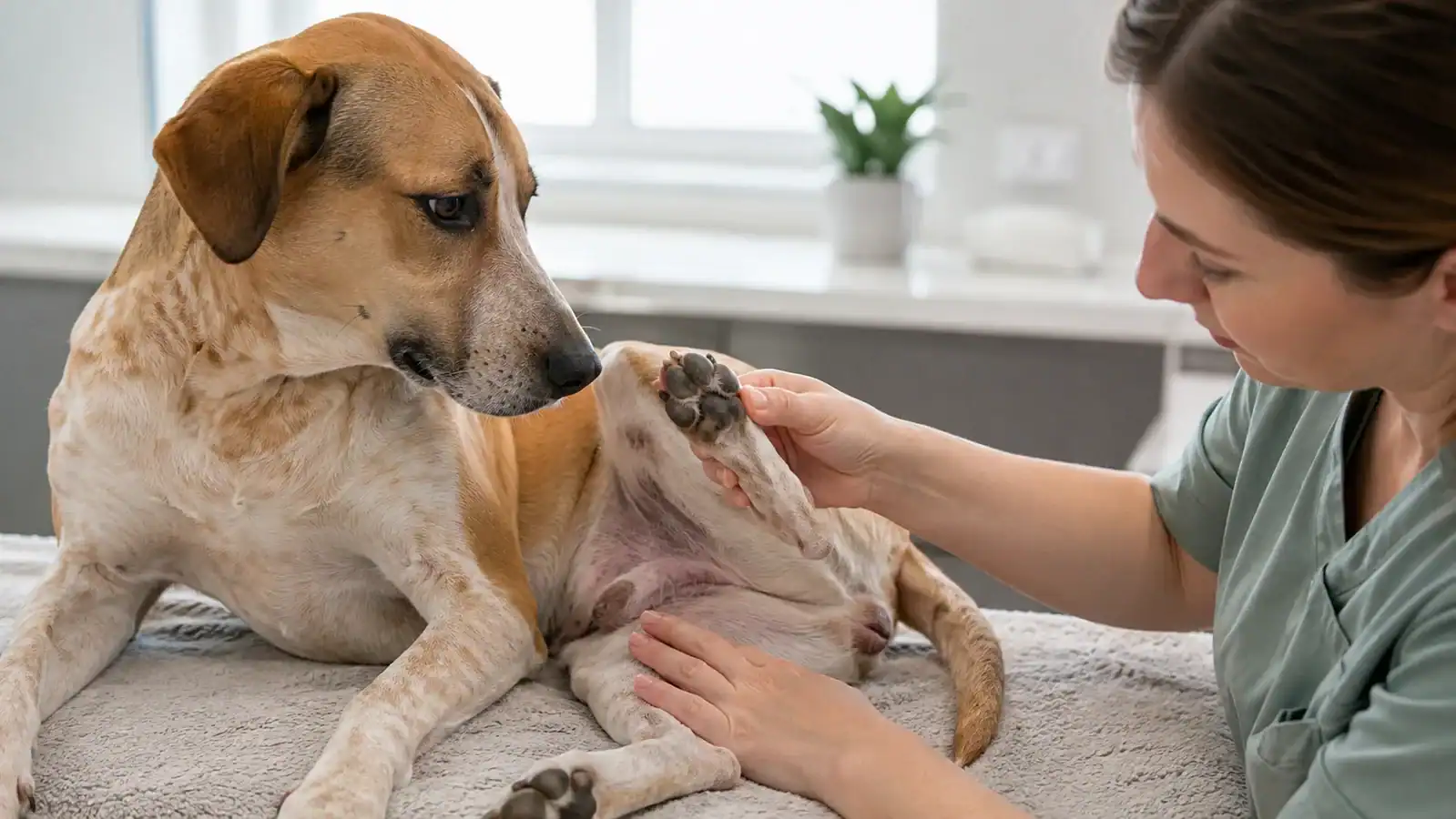 Woman gently checking a dog's paw and belly for skin irritation after a walk