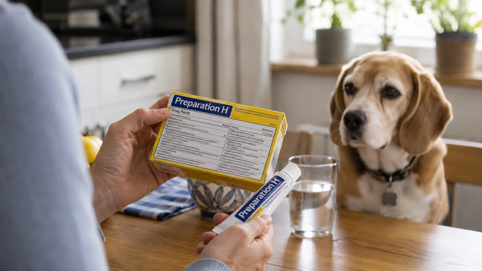 Dog owner checking a Preparation H Drug Facts label while a beagle sits nearby