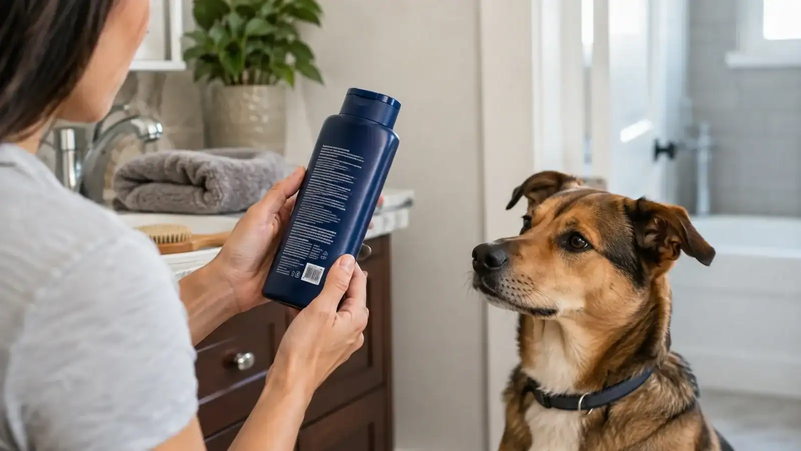 Dog owner checking a shampoo ingredient label before using it around her dog