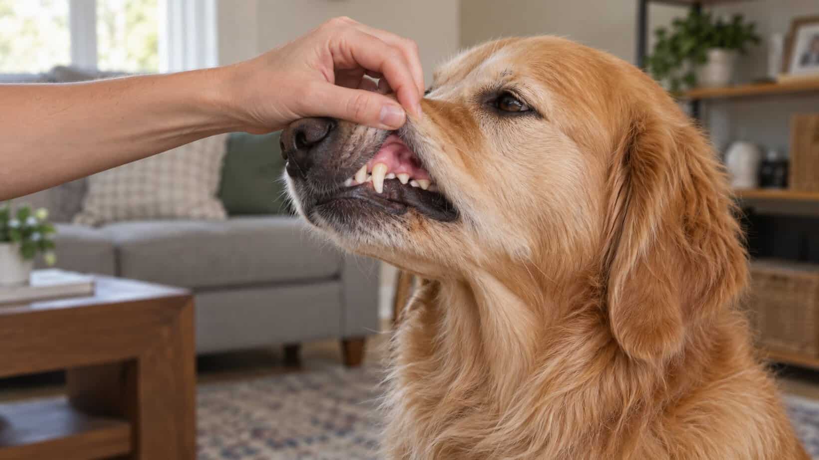 Dog owner gently lifting a golden retriever's lip to check healthy pink gums