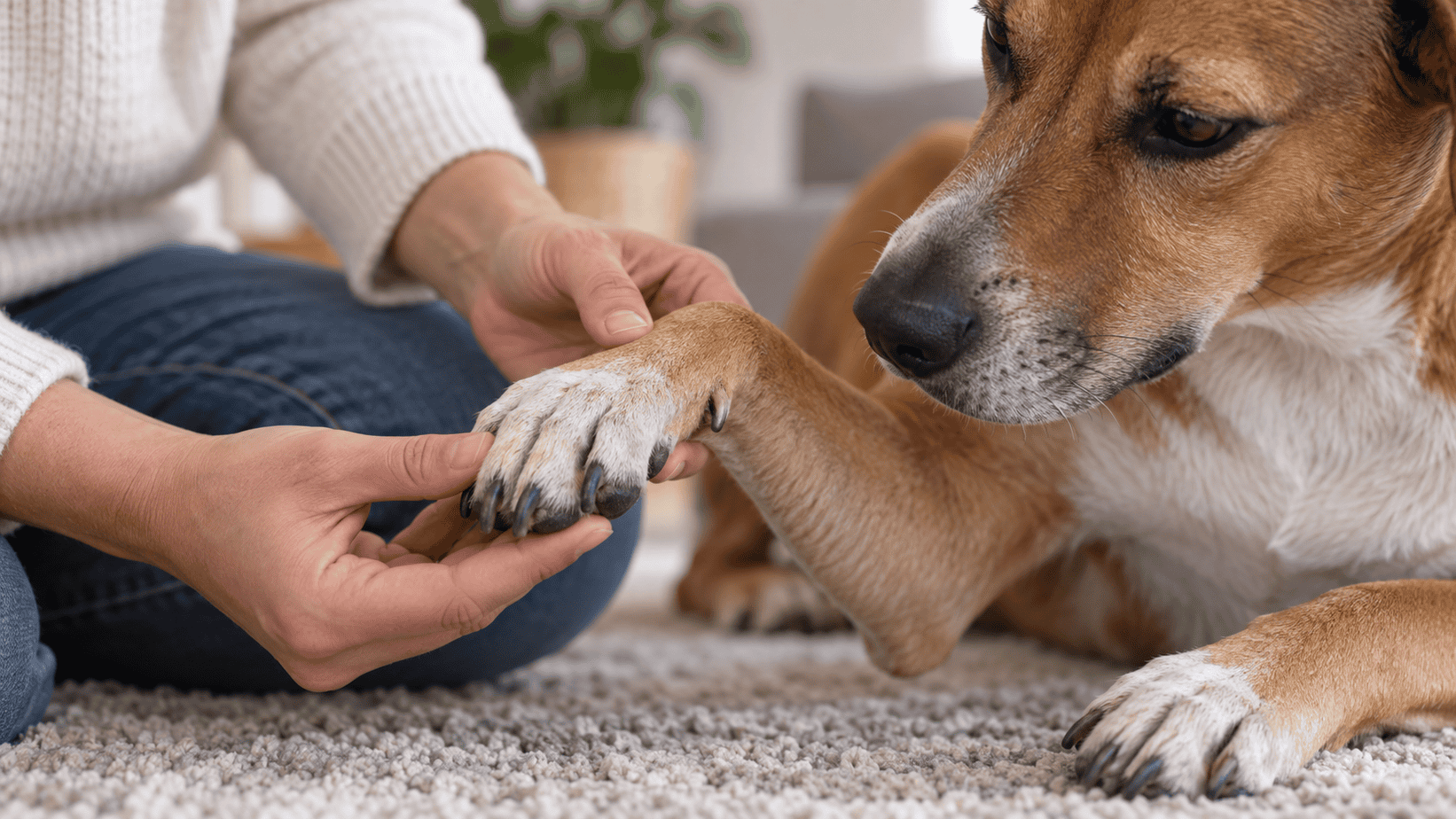 Owner gently checks a dog’s front nails and higher dewclaw.